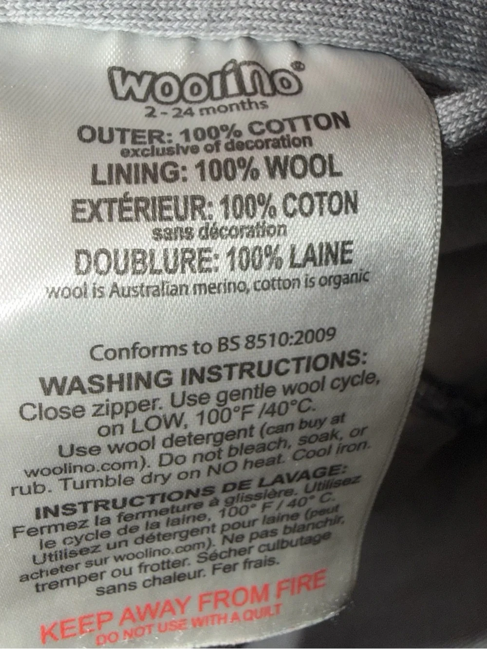 Woolino 4 Season Dark Gray Star Print Baby Sleep Sack 2-24M Merino Wool